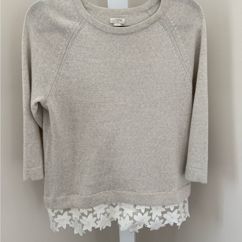 J.Crew Merino Wool Blend Floral Lace Trim Sweater in Grey, SIZE S